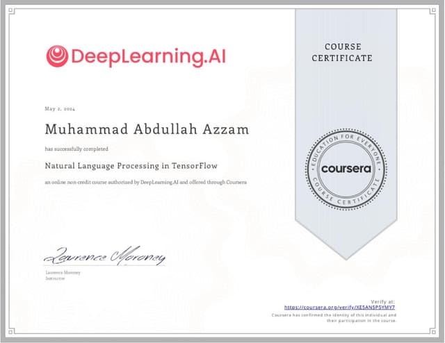 Natural Language Processing in TensorFlow certificate