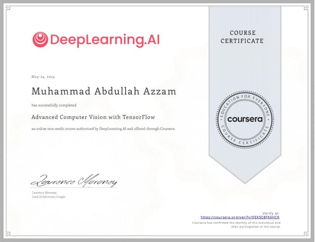 Advanced Computer Vision with TensorFlow certificate